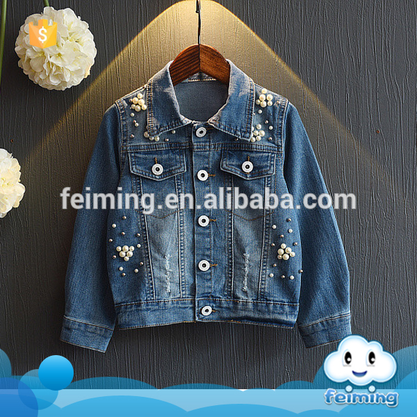 Feiming産業女の子ファンシークールデニムコートビーズ飾るデザインジーンズコート女の子ブティック服-キッズ服　コート問屋・仕入れ・卸・卸売り