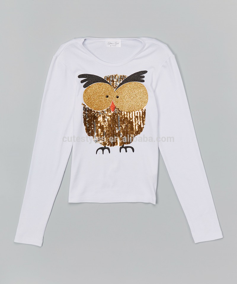 工場卸売綿100％白フクロウティー女子秋を美ロングt- シャツz-gt80812-7-キッズ服　Tシャツ問屋・仕入れ・卸・卸売り