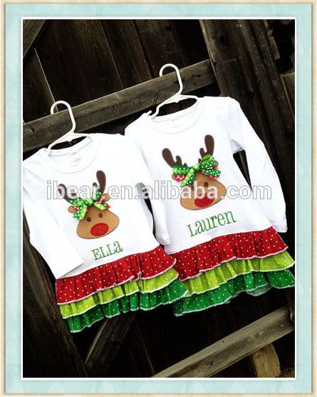 ルドルフフリルシャツ/チュニック赤ちゃん女の子tシャツトップアップリケユニークな女の赤ちゃんの名前画像カスタマイズされた女の子クリスマス服-キッズ服　Tシャツ問屋・仕入れ・卸・卸売り
