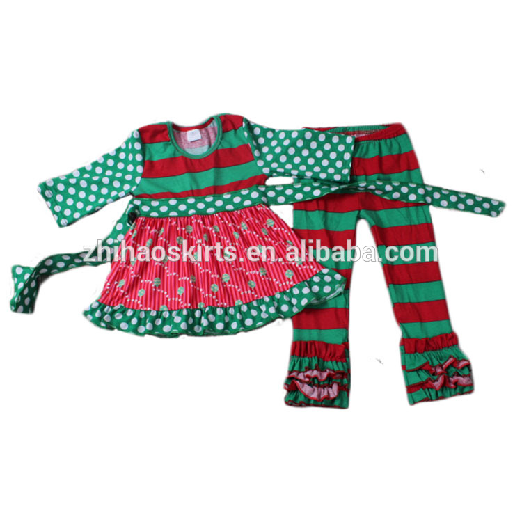 新しい到着赤ちゃんの女の子クリスマス衣装緑赤ドレス一致ストライプフリルパンツセット輸入ベビー服中国-キッズ服　セット問屋・仕入れ・卸・卸売り