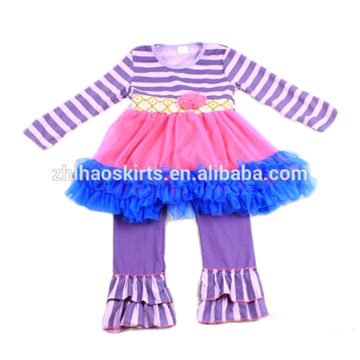 新しい到着冬の秋ロングスリーブ紫ピンクストライプマッチング服セット子供服ベビー女の子服-キッズ服　セット問屋・仕入れ・卸・卸売り