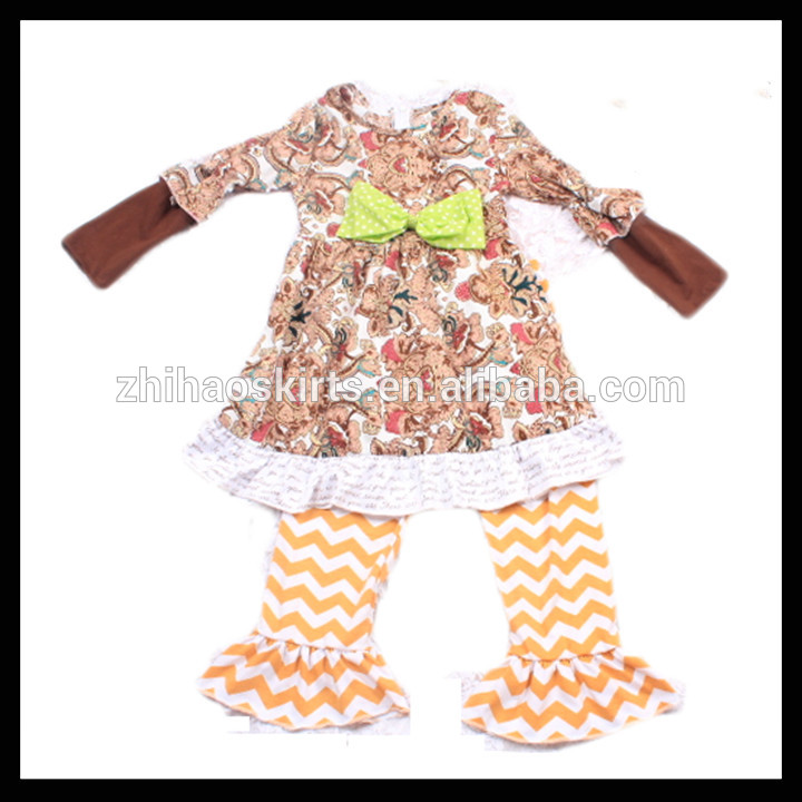 最新のファッションデザイン花トップで黄色シェブロンパンツ子供服赤ちゃん-キッズ服　セット問屋・仕入れ・卸・卸売り