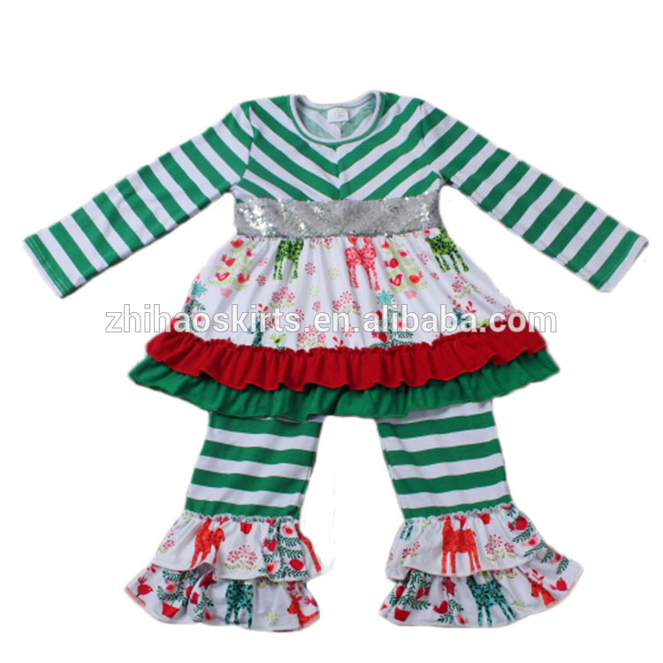 安い赤ちゃんの女の子の服クリスマス衣装冬長袖グリーンストライプベビー服有機-キッズ服　セット問屋・仕入れ・卸・卸売り