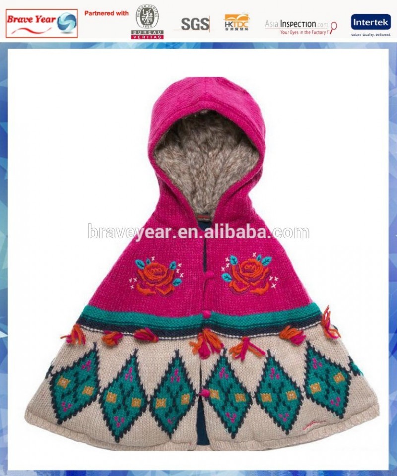 フード付きのセーターの女の子の花の刺繍/子供ポンチョ/カスタムはセーターを編んだ-キッズ服　セーター問屋・仕入れ・卸・卸売り