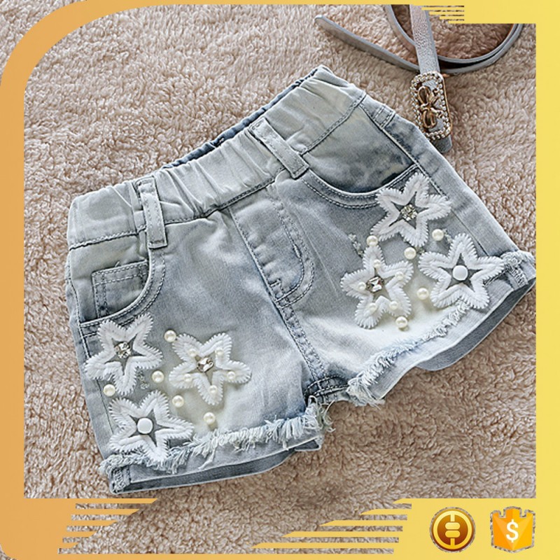 プロフェッショナルoemサービス酵素洗浄パッチレース擦り切れdesingn女の子デニムショーツ-キッズ服　半ズボン問屋・仕入れ・卸・卸売り