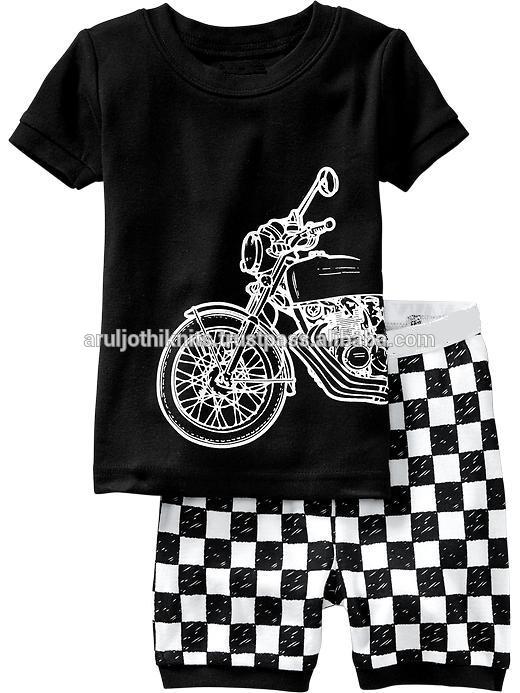 印刷された黒いバイクの男の子短いパジャマセットチェック付きプリントショートパンツ-パジャマ問屋・仕入れ・卸・卸売り