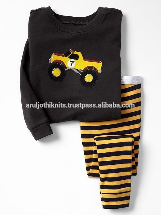 男の子のパジャマセットを持つモンスタートラックストライプ刺繍トップとパンツ-パジャマ問屋・仕入れ・卸・卸売り