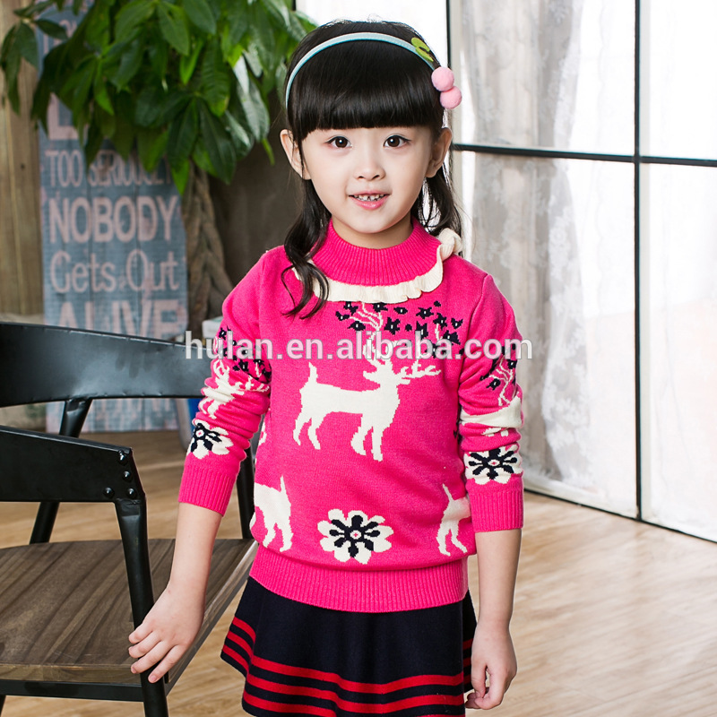 2016最新のレースネック鹿プリントかわいい女の子レッドカラーセーター-キッズ服　セーター問屋・仕入れ・卸・卸売り