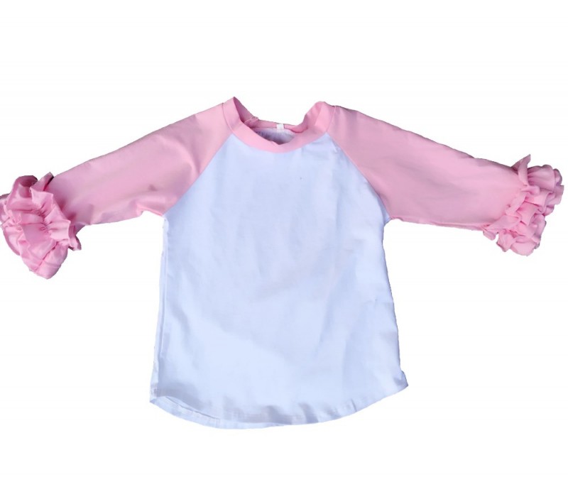 ピンクアイシングフリルraglans shrit幼児3/4袖シャツ空白赤ちゃん女の子フリルラグランシャツ-キッズ服　Tシャツ問屋・仕入れ・卸・卸売り