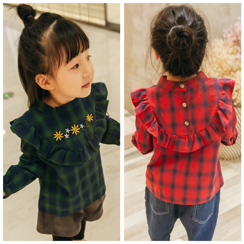 YD3235sweet子供シャツ花格子縞綿女の子トップス-キッズ服　シャツ、トップス問屋・仕入れ・卸・卸売り