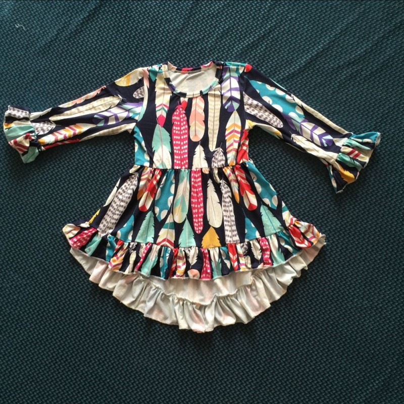 YJ-233最新綿幼児女の子服羽パターンブティック赤ちゃんfrocksデザインロングスリーブ付きフリル-キッズ服　Tシャツ問屋・仕入れ・卸・卸売り