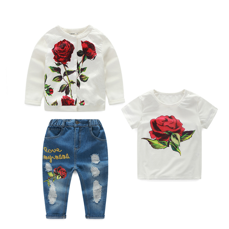 新しいデザイン秋のファッションベビーガールセットローズ柄服スーツコート+半袖tシャツ+デニム3ピース子供着用-キッズ服　セット問屋・仕入れ・卸・卸売り