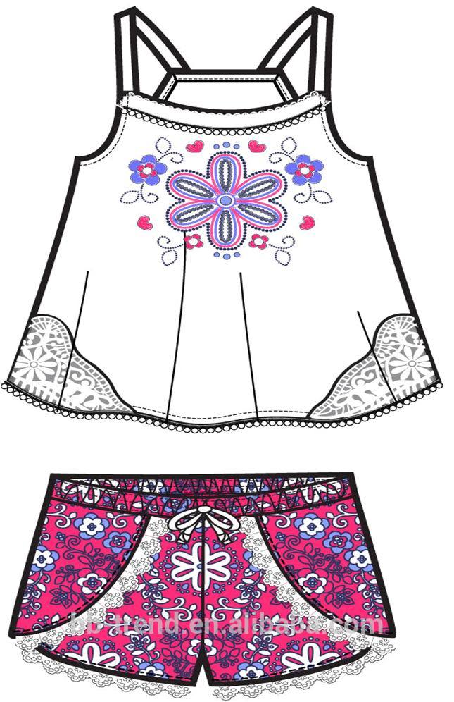 ファッショナブルなタンクトップと織ショーツ付きレーストリム2ピース短いセット-キッズ服　セット問屋・仕入れ・卸・卸売り