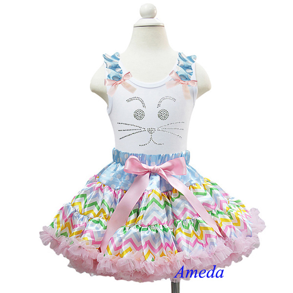 シェブロンプラスpettiskirtパステルイースターバニーガール白タンクトップ1-7yラインストーン-キッズ服　セット問屋・仕入れ・卸・卸売り