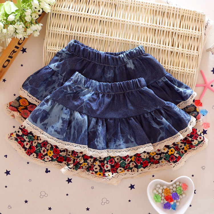 女の子デニムスカート卸売韓国春夏花柄デニムスカートBQ3266-ジュニア服（女）スカート問屋・仕入れ・卸・卸売り