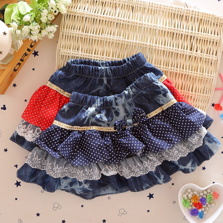 2016韓国の女の子ポルカドットスプライス弓デニムスカートBQ3265-ジュニア服（女）スカート問屋・仕入れ・卸・卸売り