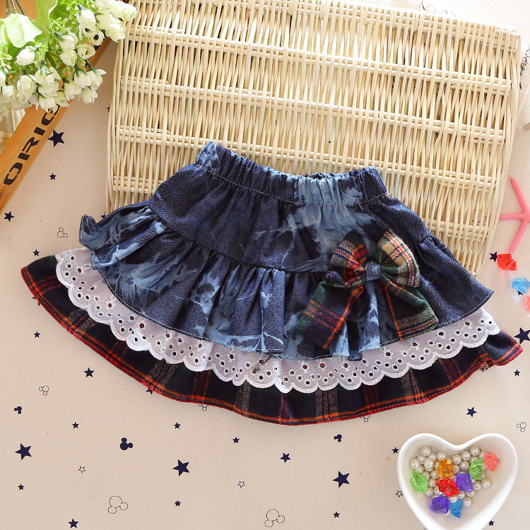 2016春夏秋格子弓レースデニムスカートBQ3264-ジュニア服（女）スカート問屋・仕入れ・卸・卸売り