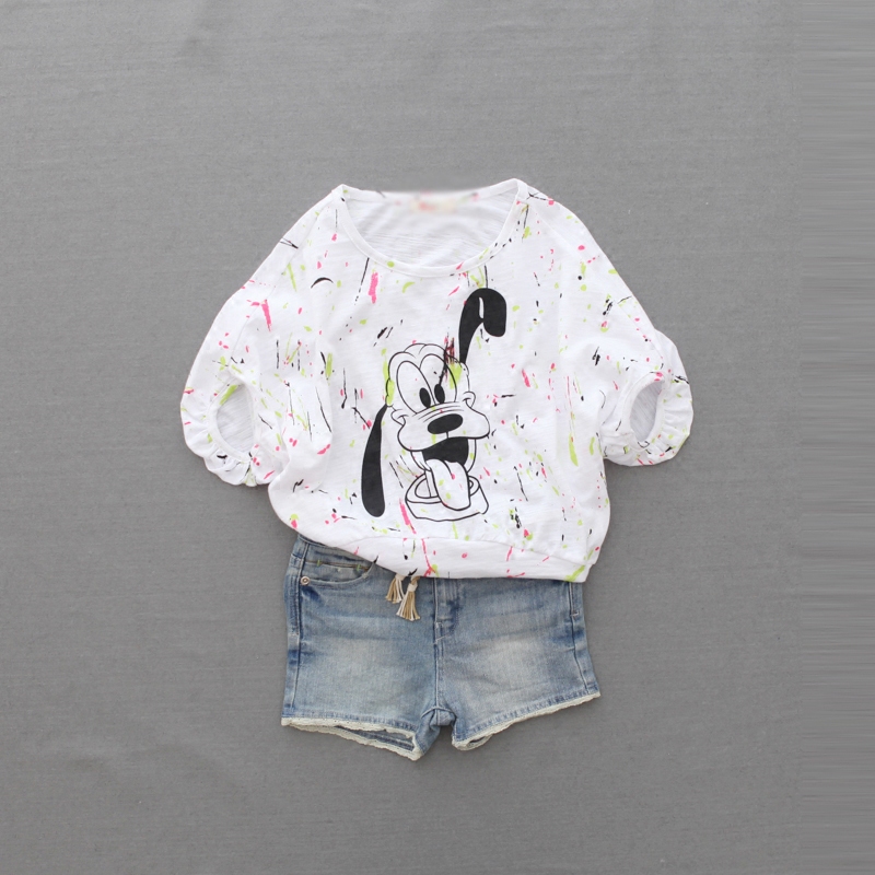 2016新しいカジュアル子供服セットホワイト色半袖tシャツ+カウボーイショートパンツhz luomai-キッズ服　セット問屋・仕入れ・卸・卸売り