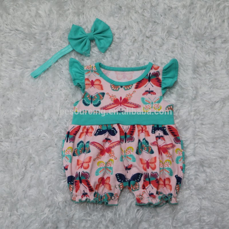 ホット販売かわいい夏の赤ちゃん女の子蝶プリントロンパースで弾性ヘッドバンド弓乳幼児幼児花柄カバーオール-キッズ服　セット問屋・仕入れ・卸・卸売り