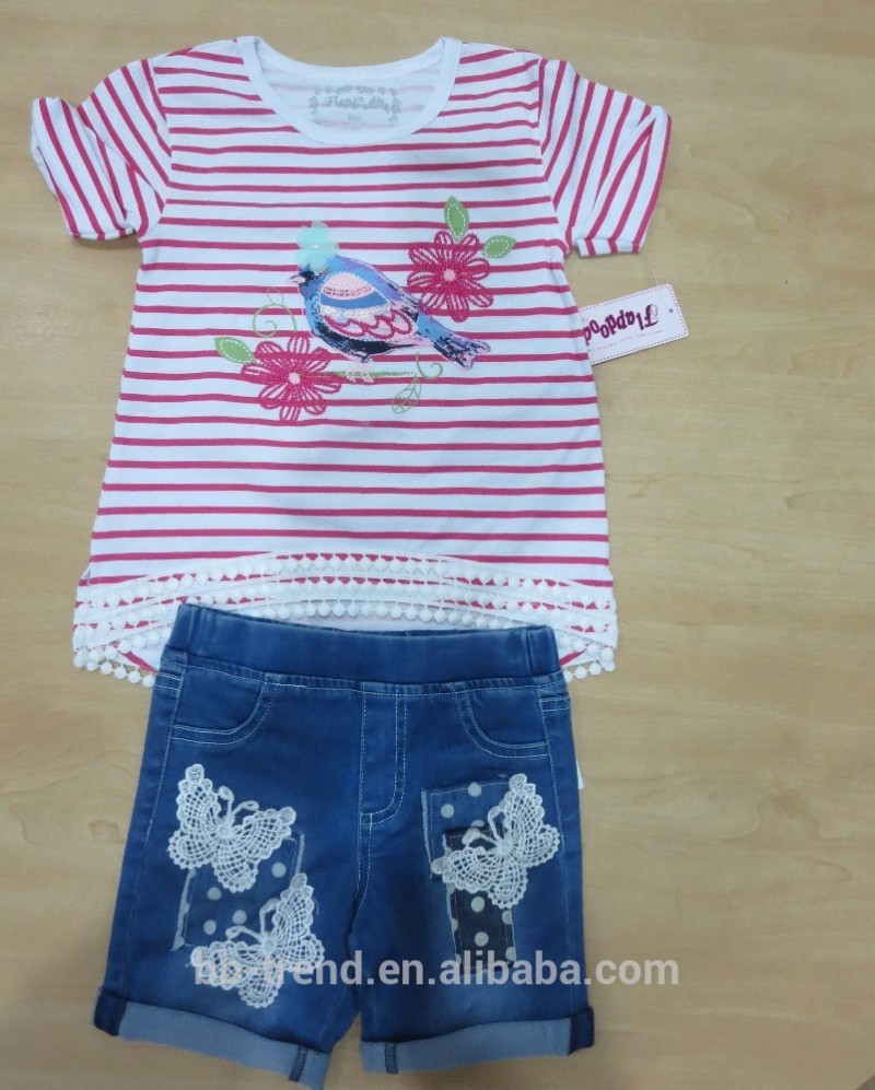 ファッショナブルな半袖tシャツデニムショーツ2ピースセット-キッズ服　セット問屋・仕入れ・卸・卸売り