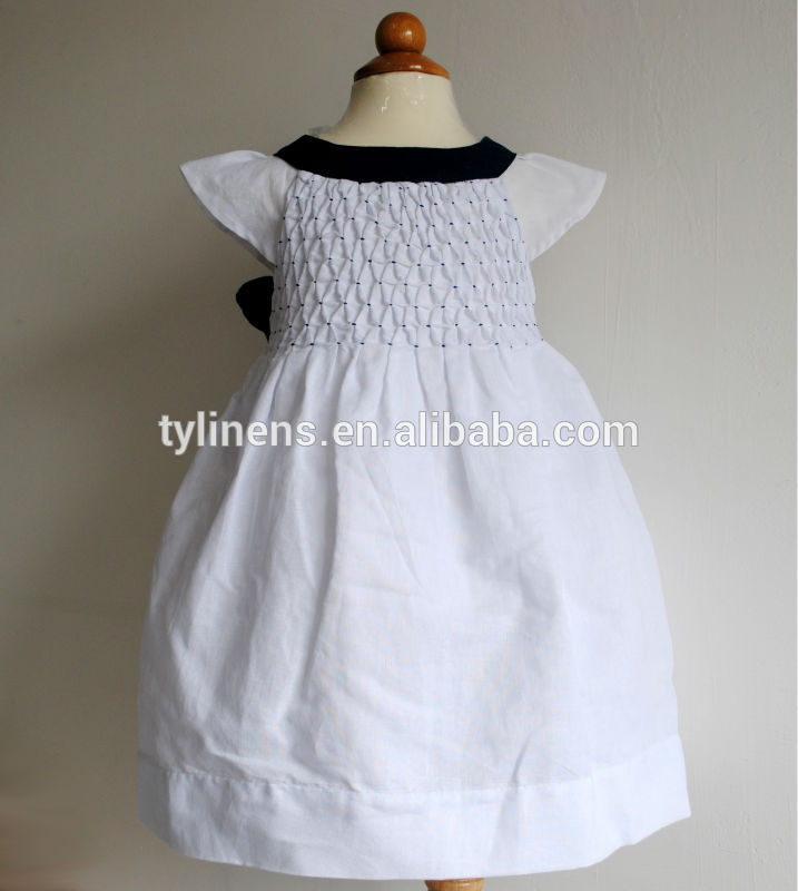 袖なしの綿熱い販売リネン海軍の弓smockedガールのドレス-ジュニア服（女）ドレス問屋・仕入れ・卸・卸売り
