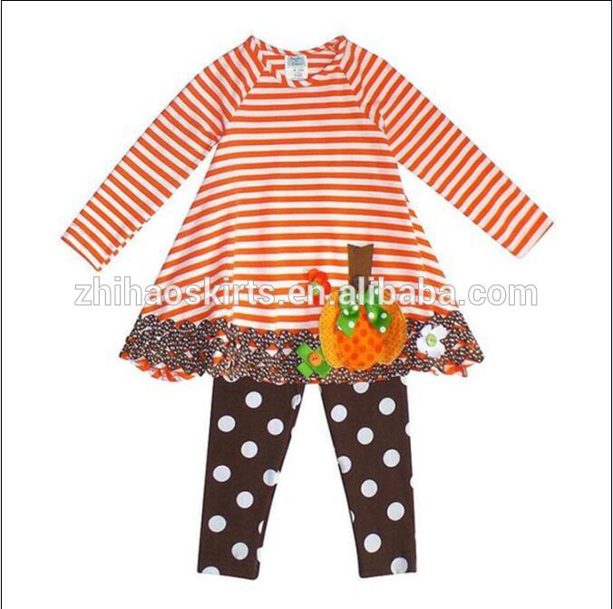 オレンジストライプトップポルカドットレギンスでカボチャ刺繍ハロウィン衣装ブティック女の子服-キッズ服　セット問屋・仕入れ・卸・卸売り