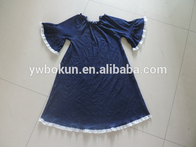 赤ちゃんの女の子の子供ブティックの衣類卸売ブティックドレスフリルドレスネイビーデニム服の女の子のレースのフリルとベルスリーブワンピース-ジュニア服（女）ドレス問屋・仕入れ・卸・卸売り