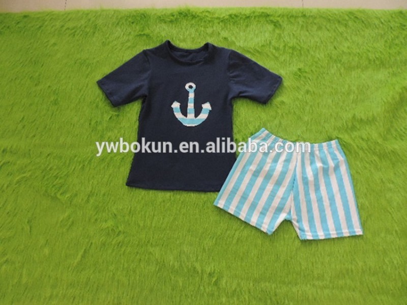新しいファッションの男の子の衣装2015アンカー短いsleevelesトップとストライプ用ショーツ男の赤ちゃんの衣類の服-キッズ服　セット問屋・仕入れ・卸・卸売り