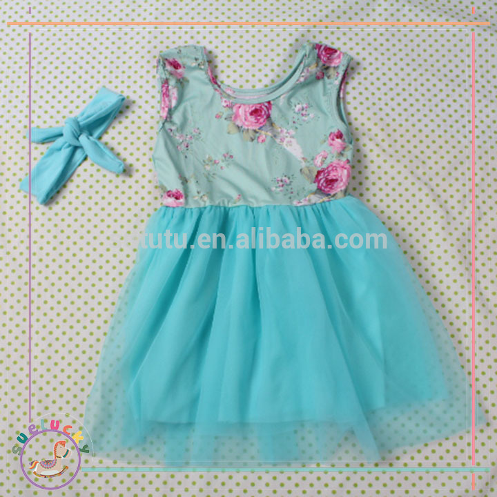 アクアブルーノースリーブ花でハンドウェアとシフォンチュチュベビー女の子夏ドレス-ジュニア服（女）ドレス問屋・仕入れ・卸・卸売り
