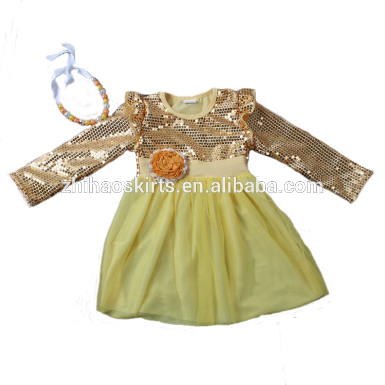 2016 zhihao新しいデザイン中高生イエロースパンコール長袖ドレス子供ドレス-ジュニア服（女）ドレス問屋・仕入れ・卸・卸売り