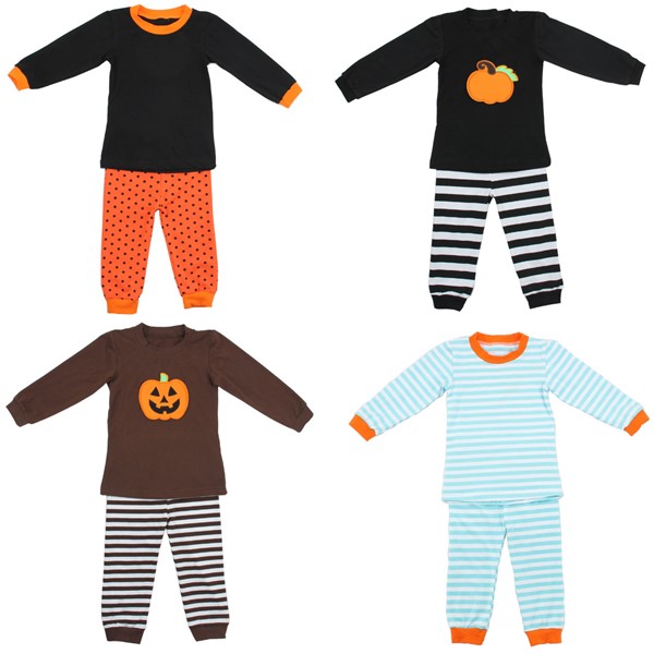 2016ブティック男の子女の子ニットコットンストライプベビーパジャマ冬卸売カボチャアップリケハロウィンキッズパジャマ-キッズ服　セット問屋・仕入れ・卸・卸売り
