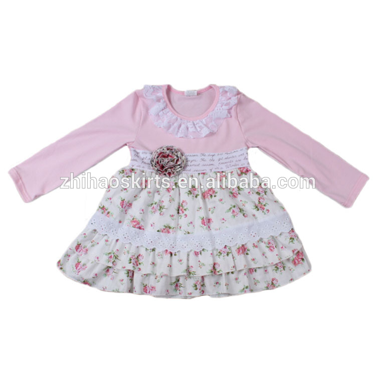 ピンクロングスリーブ花ドレス子供服冬のドレス女の子-ジュニア服（女）ドレス問屋・仕入れ・卸・卸売り