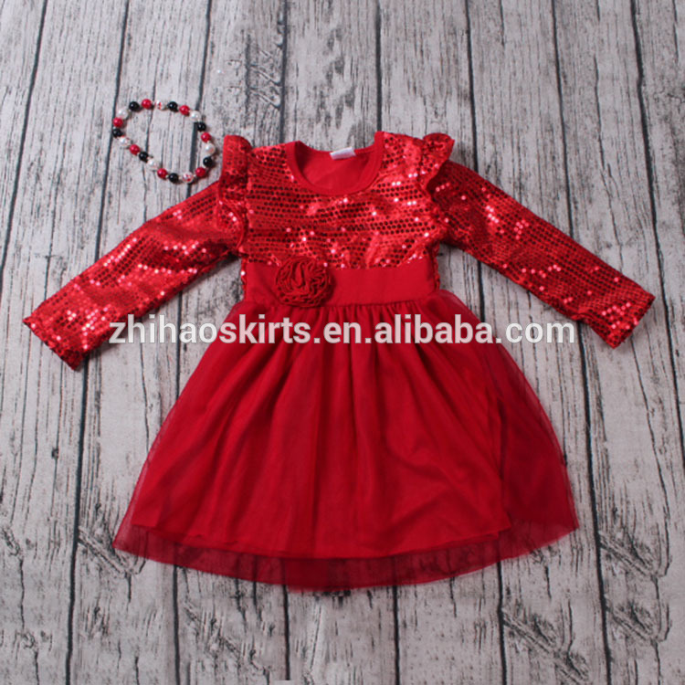 2016 zhihao新しいデザインレッドスパンコールロングスリーブ子供服女の子ドレスワンピースの女の子パーティードレス-ジュニア服（女）ドレス問屋・仕入れ・卸・卸売り
