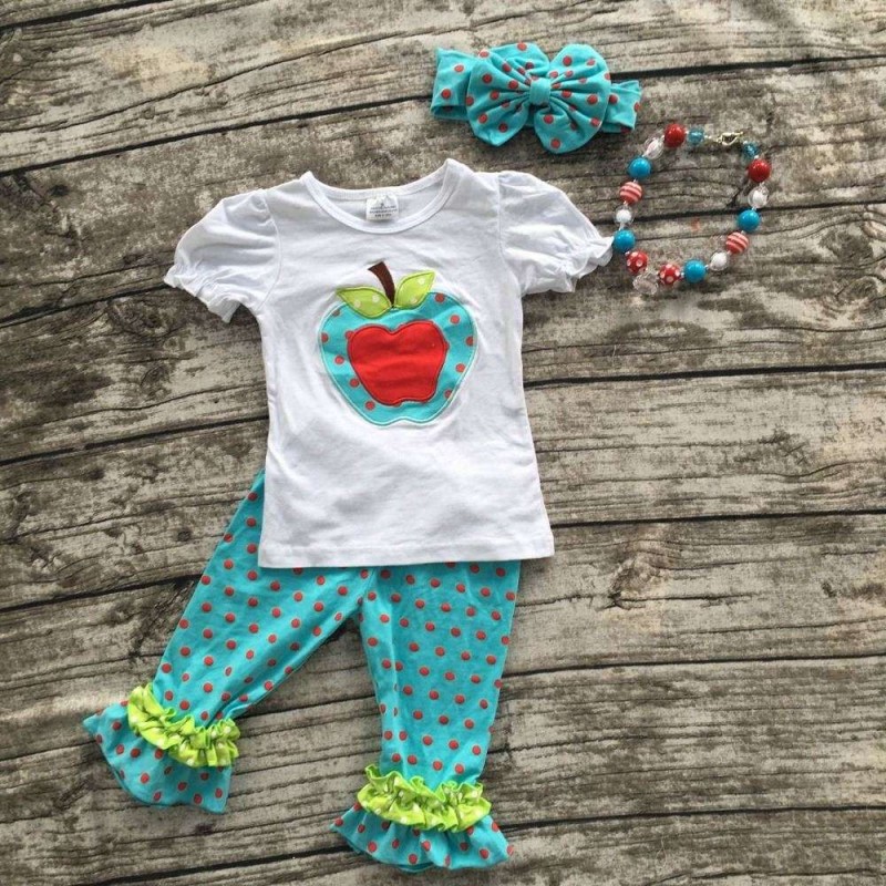 女の子夏ショーツアウトフィット女の子バックに学校服子供アップルセットポルカドットフリルcaprtセットでアクセサリー-キッズ服　セット問屋・仕入れ・卸・卸売り