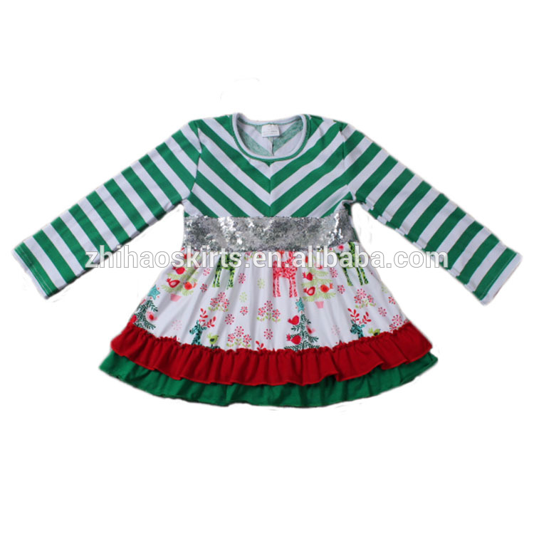 赤ちゃん女の子クリスマスドレスグリーンストライプ長袖冬のドレスファンシードレスのための女の子-ジュニア服（女）ドレス問屋・仕入れ・卸・卸売り