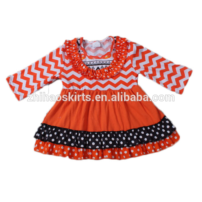 ハロウィンドレスオレンジシェブロン長袖冬のドレス赤ちゃんの女の子コットンドレス-ジュニア服（女）ドレス問屋・仕入れ・卸・卸売り