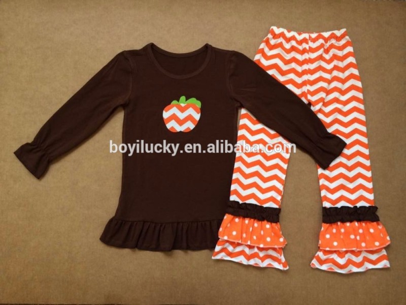 2016ハロウィンリメイクブティック女の子服衣装安い女の赤ちゃん服セット深いコーヒートップとトリプルフリルパンツセット-キッズ服　セット問屋・仕入れ・卸・卸売り