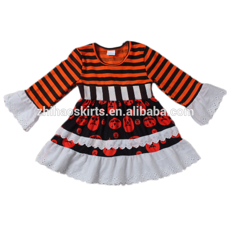 最新のデザイン子供コットンドレスオレンジストライプ長袖ハロウィン衣装-ジュニア服（女）ドレス問屋・仕入れ・卸・卸売り