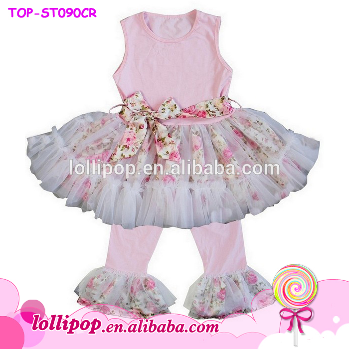 2016最新のブティック服ローズピンクフリルトップとパンツ画像子供服スカートトップモデルでフリルトリム-キッズ服　セット問屋・仕入れ・卸・卸売り