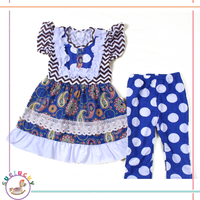 パフィースリーブ植物パターンでレースやフリルよだれかけドレスポルカドットパンツインド服用子供服女の子-キッズ服　セット問屋・仕入れ・卸・卸売り