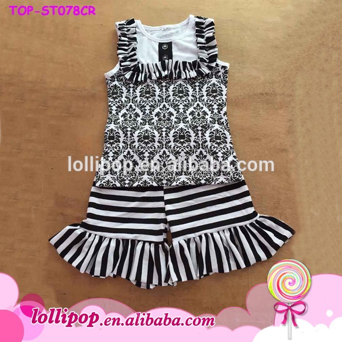 2016子供ファッション人気服ホワイトブラックストライプフリルショートパンツ子供衣類幼児女の子よだれかけタンクトップ衣装セット-キッズ服　セット問屋・仕入れ・卸・卸売り