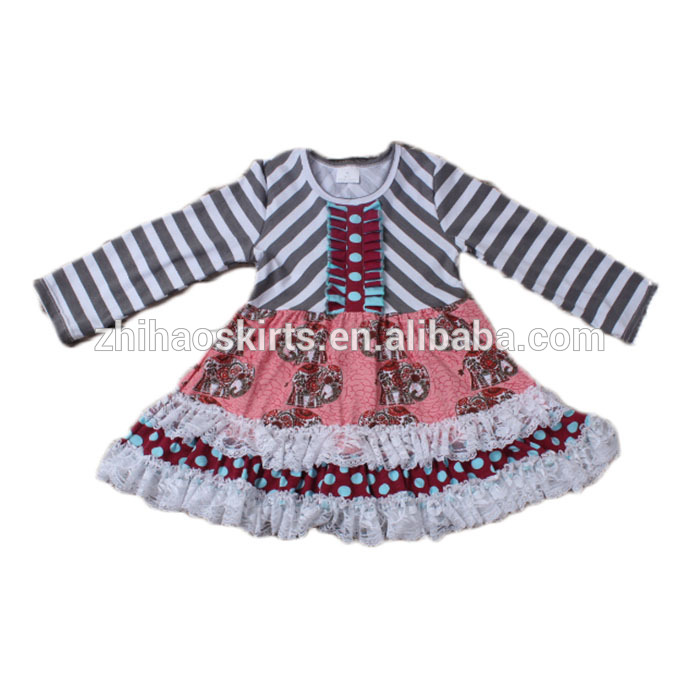 キッズ冬ドレスグレーストライプトップ花柄ドレスでレースフリル赤ちゃん女の子パーティー着用ドレス-ジュニア服（女）ドレス問屋・仕入れ・卸・卸売り