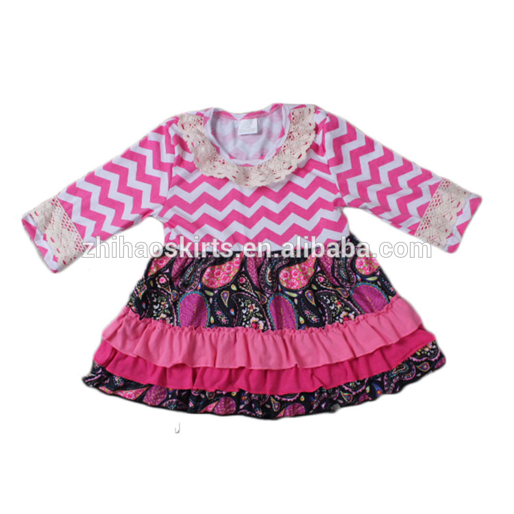 新しいスタイル子供コットンドレスピンクシェブロン袖レースフリル長袖赤ちゃんの女の子のドレス-ジュニア服（女）ドレス問屋・仕入れ・卸・卸売り