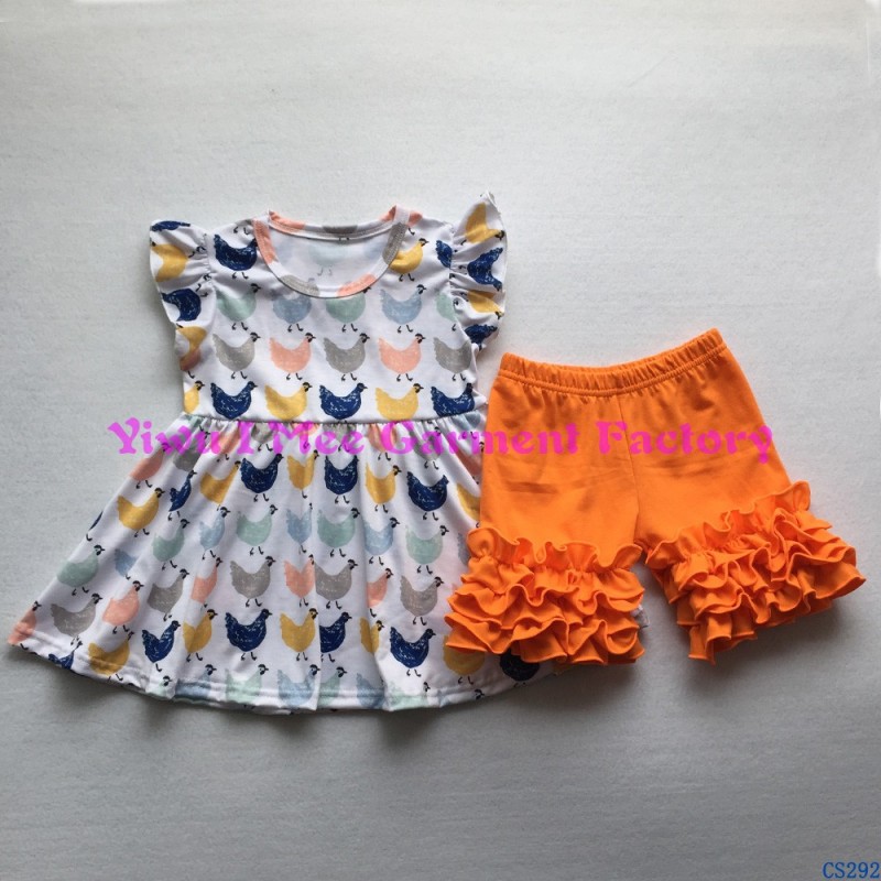 CS292かわいい女の子ブティック夏衣装子供チキン柄フラッタースリーブドレスとアイシングショーツ服セット-キッズ服　セット問屋・仕入れ・卸・卸売り