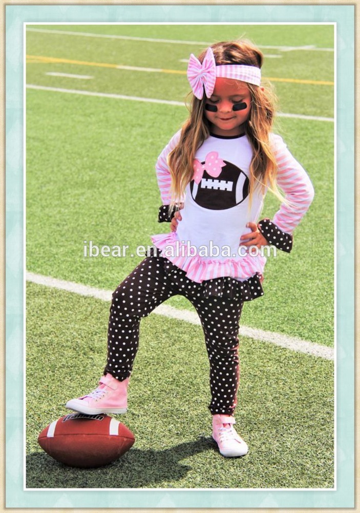 ブティックサッカー女の子セットブティックバック·トゥ·スクール衣装サッカーアップリケトップとポルカドットフリルパンツセット-キッズ服　セット問屋・仕入れ・卸・卸売り