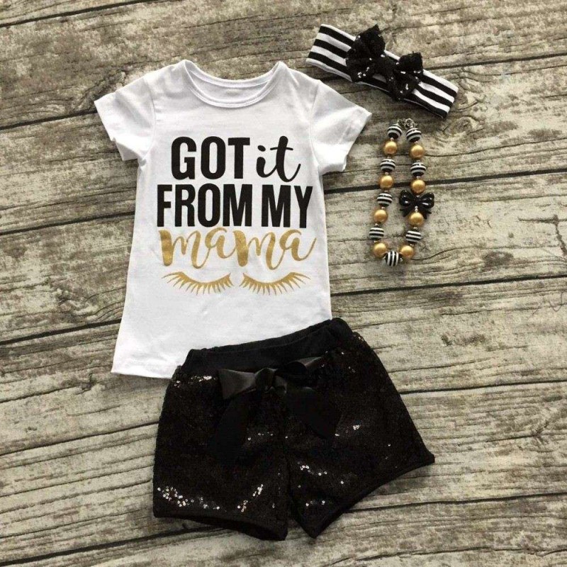 2016まつげ夏女の子ブティック服ブラックスパンコール"ガットそれから私のお母さん"ショーツ衣装でマッチングネックレスと弓セット-キッズ服　セット問屋・仕入れ・卸・卸売り