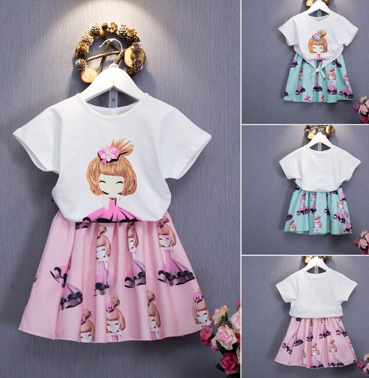 最新の美容プリント女の子服セットtシャツ+スカートセット-キッズ服　セット問屋・仕入れ・卸・卸売り