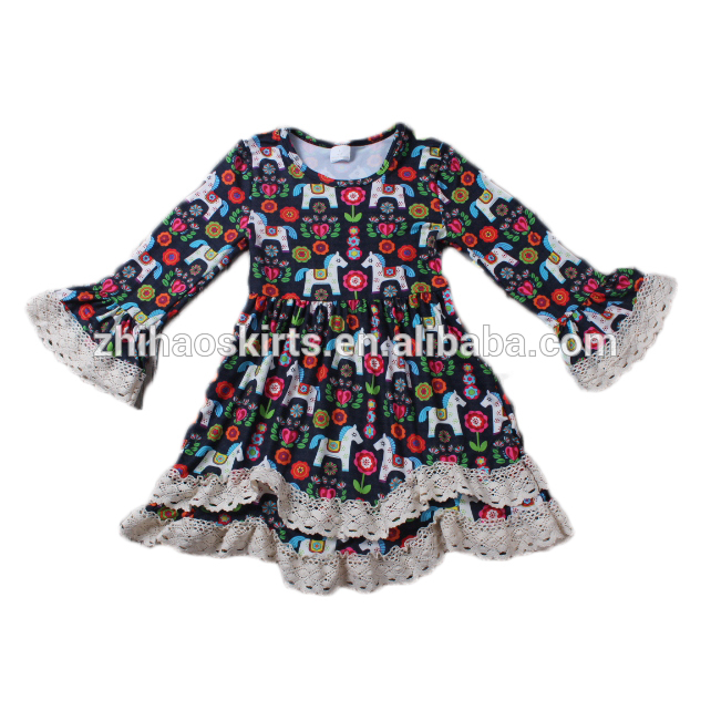 最新のロングスリーブコットンレーススーパーソフトカルーセル印刷幼児赤ちゃん女の子冬ドレス-ジュニア服（女）ドレス問屋・仕入れ・卸・卸売り