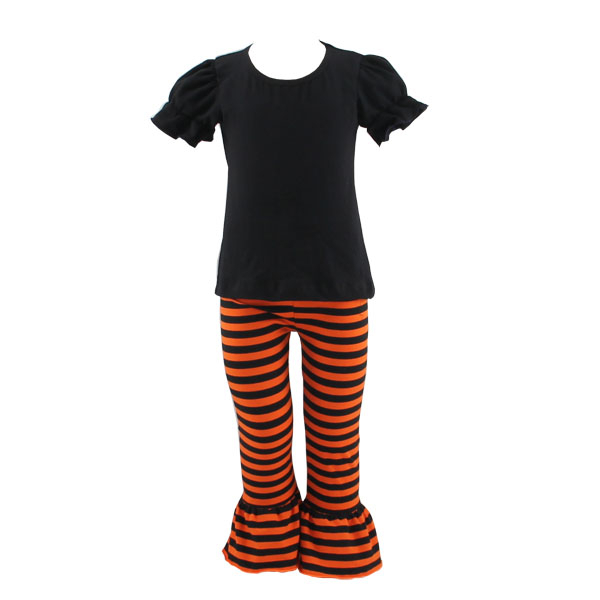2016ストライプフリルパンツデザイン女の子ブティック服オレンジ黒因果ハロウィン衣装-キッズ服　セット問屋・仕入れ・卸・卸売り