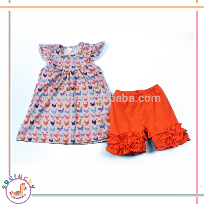 2016ホット卸売夏トップとショートパンツでトリプルフリルツーピース鶏パターン子供衣装-キッズ服　セット問屋・仕入れ・卸・卸売り